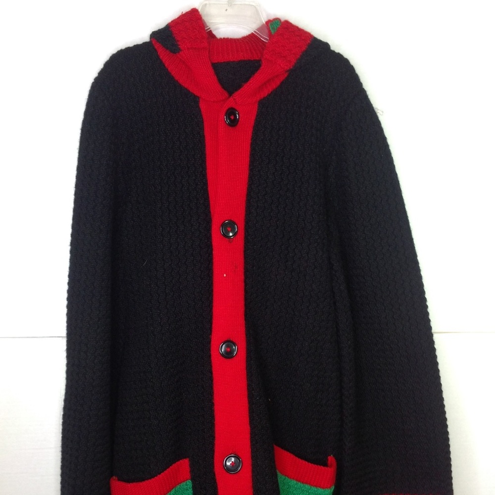 Vintage Black Red Crochet Coat Cardigan  Green